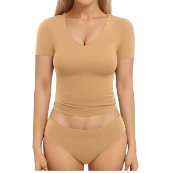 Mangopop ochre double lined short sleeve V neck fitted basic tee size S NWT - Picture 2 of 10